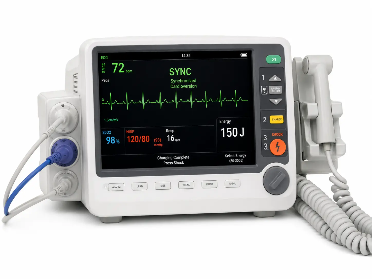 A cardioversion machine (defibrillator) and monitor used to deliver a synchronised electric shock that resets the heart rhythm