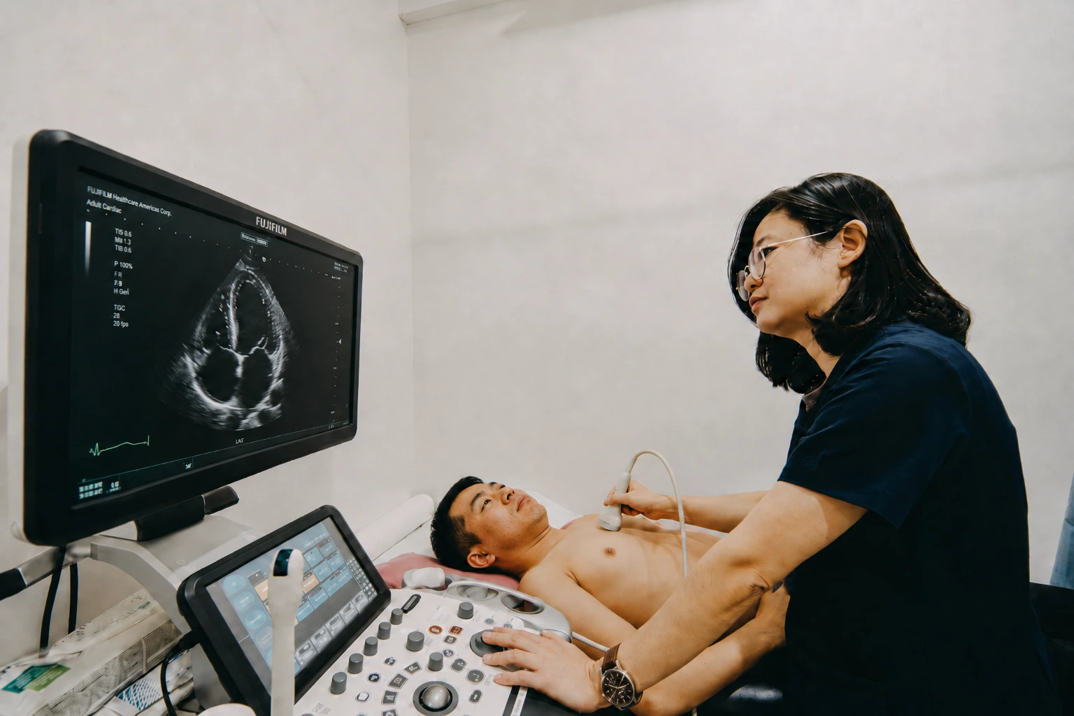 A female healthcare professional performing a 2D echocardiogram on a patient lying on an examination couch